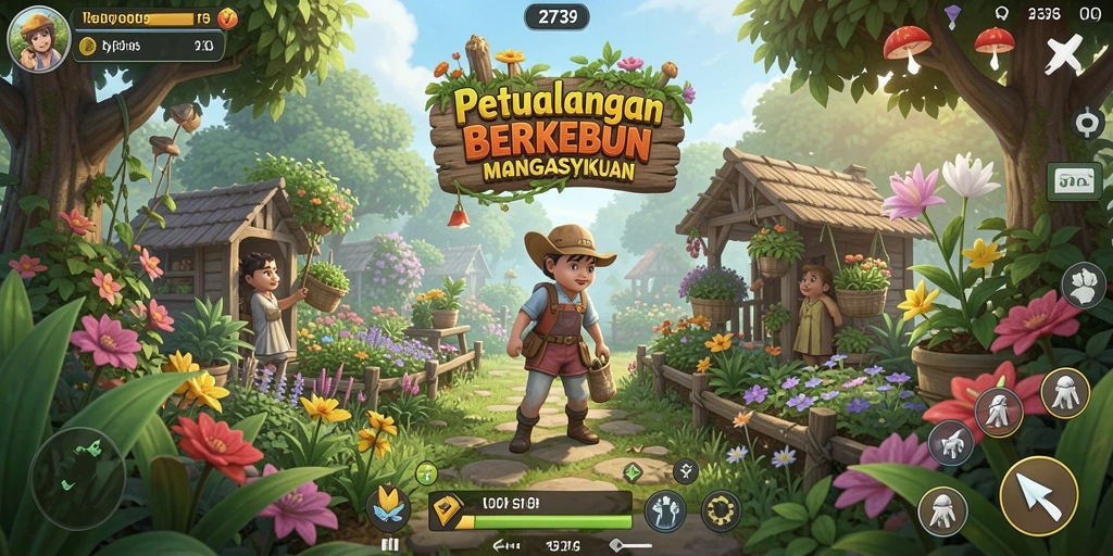 Tampilan gameplay memukau dalam dunia pertanian yang cerah.