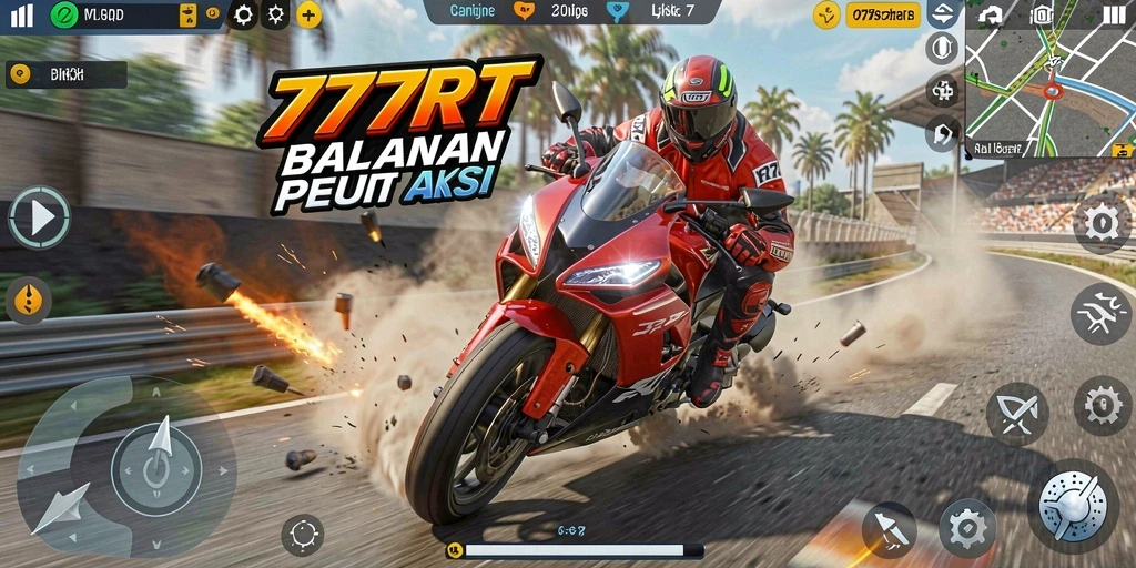 Tangkapan layar <strong>777RT</strong> menampilkan aksi balapan motor yang mendebarkan.