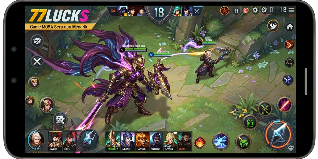 Tampilan gameplay menarik dari 77LUCKS dengan aksi MOBA yang mendebarkan.