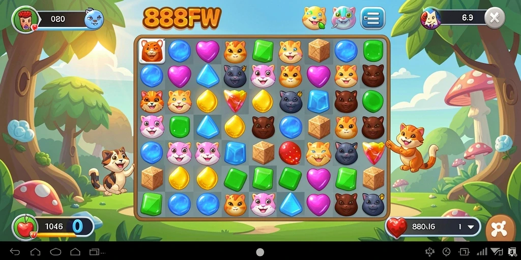 Tampilan gameplay seru dari 888FW dengan elemen Match-3 yang berwarna-warni.