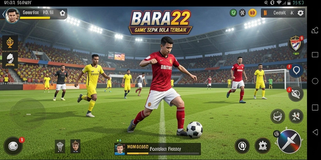 Screenshot utama BARA22 menampilkan aksi seru di lapangan sepak bola.