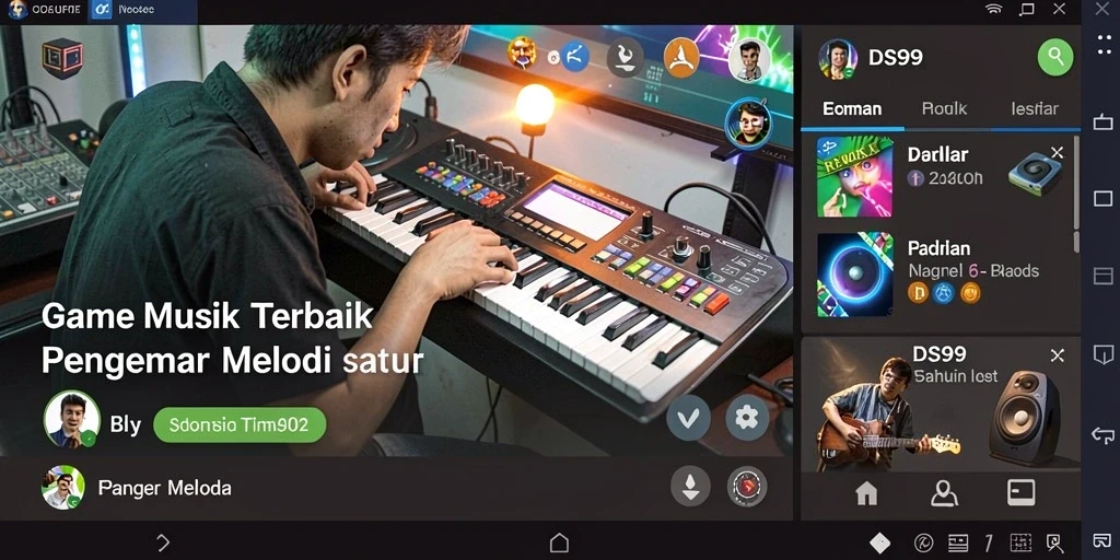 Screenshot gameplay DS99 yang menunjukkan interaksi dan musik.