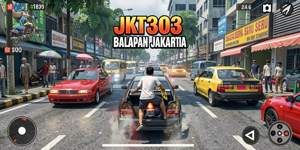 Screenshot JKT303 menampilkan adrenalin balapan jalanan Jakarta.