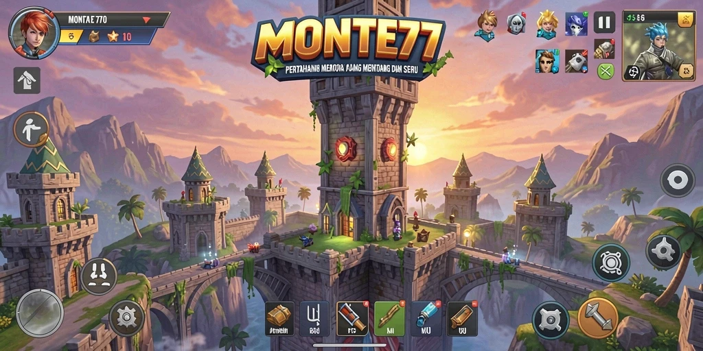 Tangkapan layar gameplay MONTE77 menampilkan pertahanan menara yang strategis.