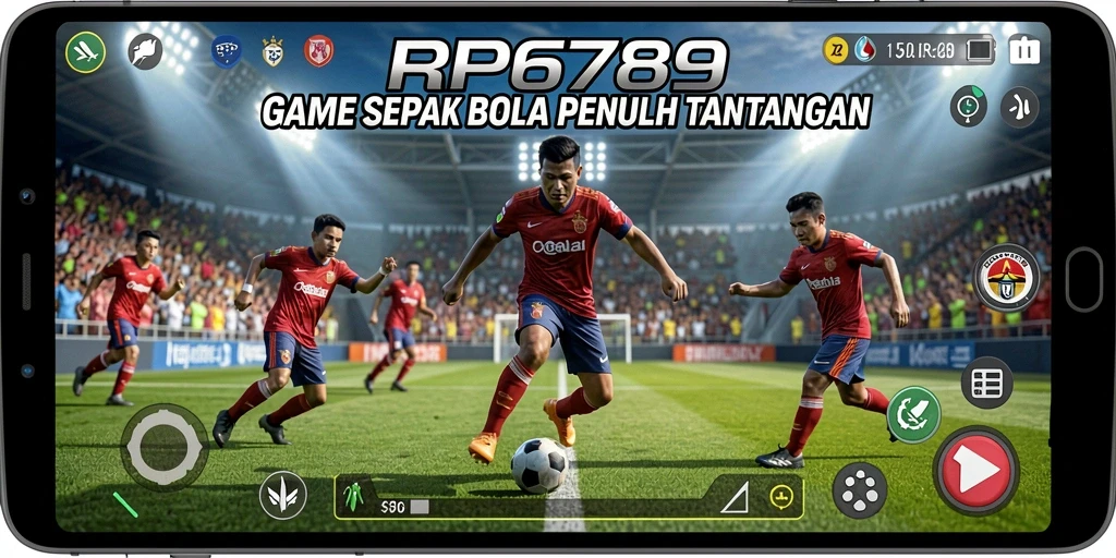 Screenshot gameplay RP6789 menunjukkan aksi sepak bola yang intens dan dinamis.
