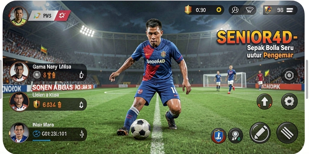 Tampilan gameplay seru dari SENIOR4D yang menampilkan aksi sepak bola.