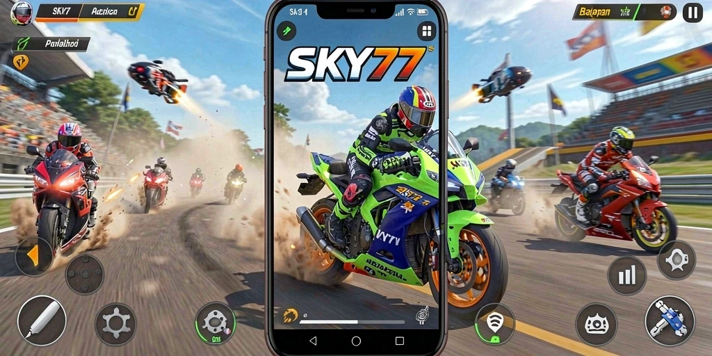 Tampilan gameplay seru dalam balapan motor di SKY77.