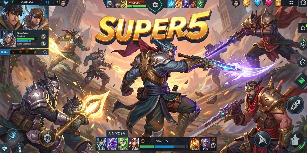 Menampilkan aksi seru di arena pertempuran MOBA SUPER5.