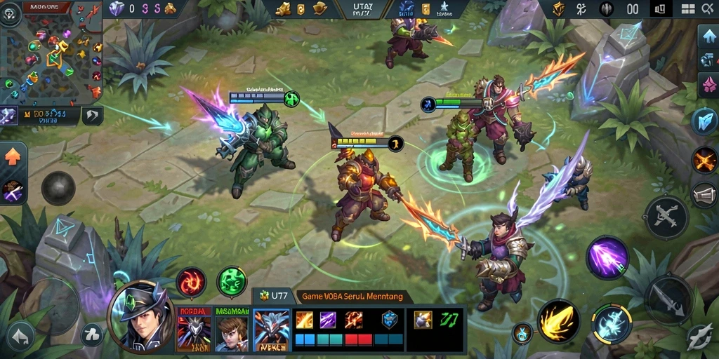 Screenshot UT77 menampilkan pertarungan tim yang intens dalam arena MOBA.