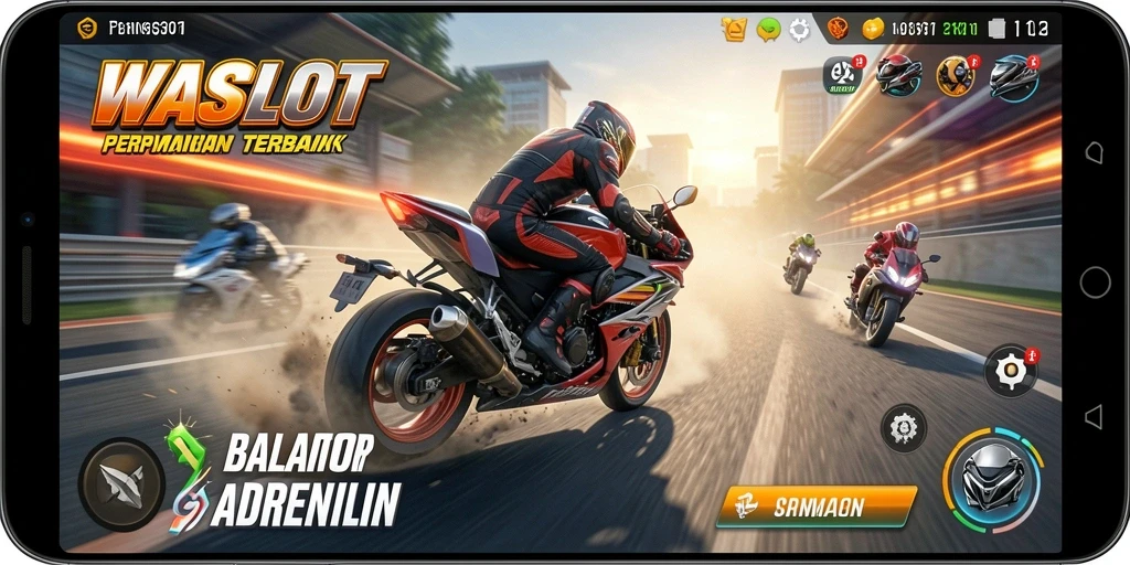 Tampilan gameplay WASLOT dengan aksi balap motor yang mendebarkan.