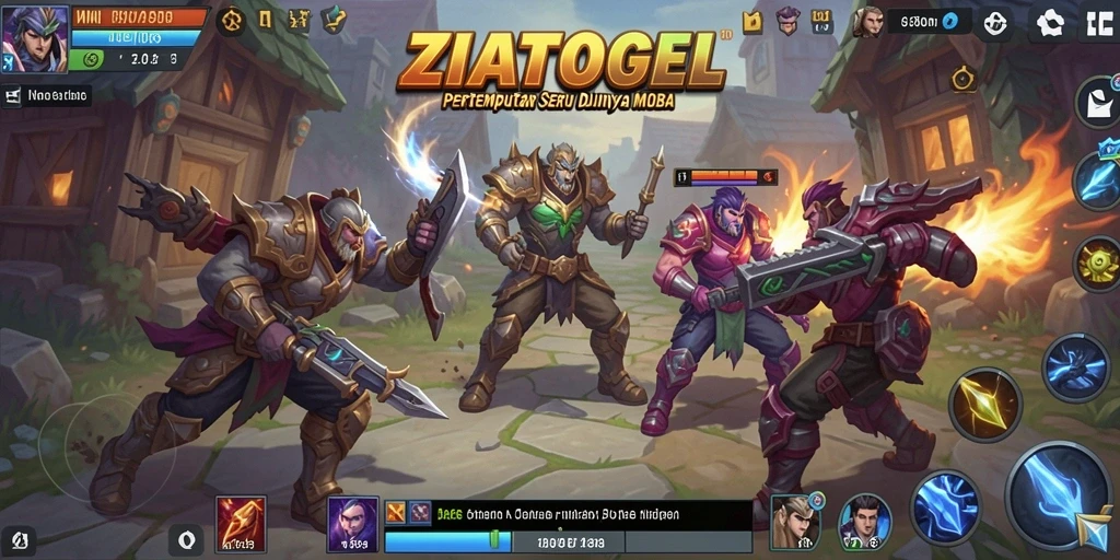 Screenshot dari gameplay ZIATOGEL yang memperlihatkan pertempuran intens di arena MOBA.